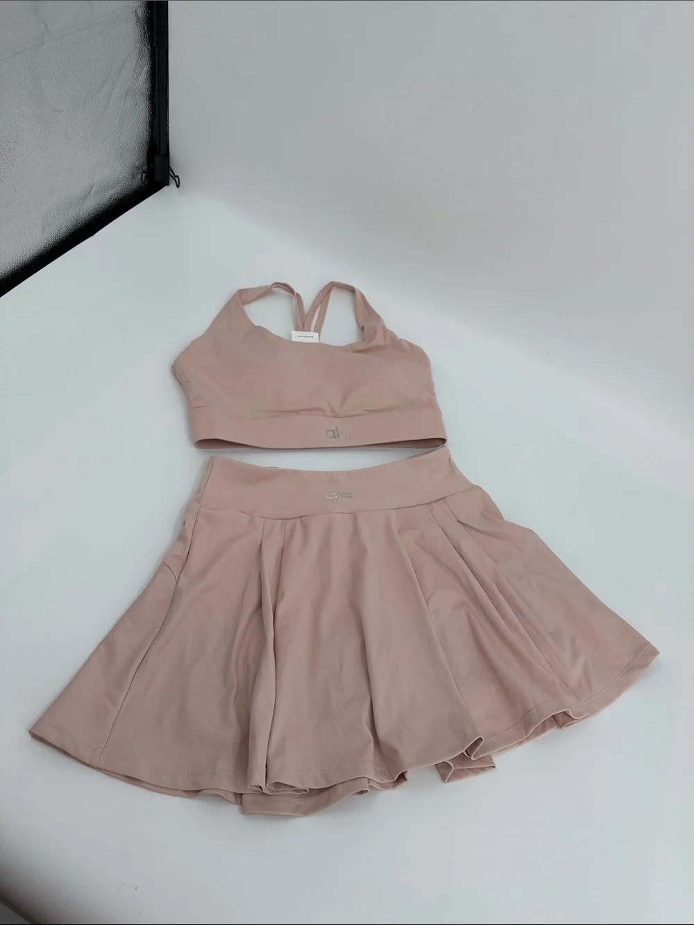 ALO Yoga Rose Taupe Circle Skirt with Matching Sports Bra